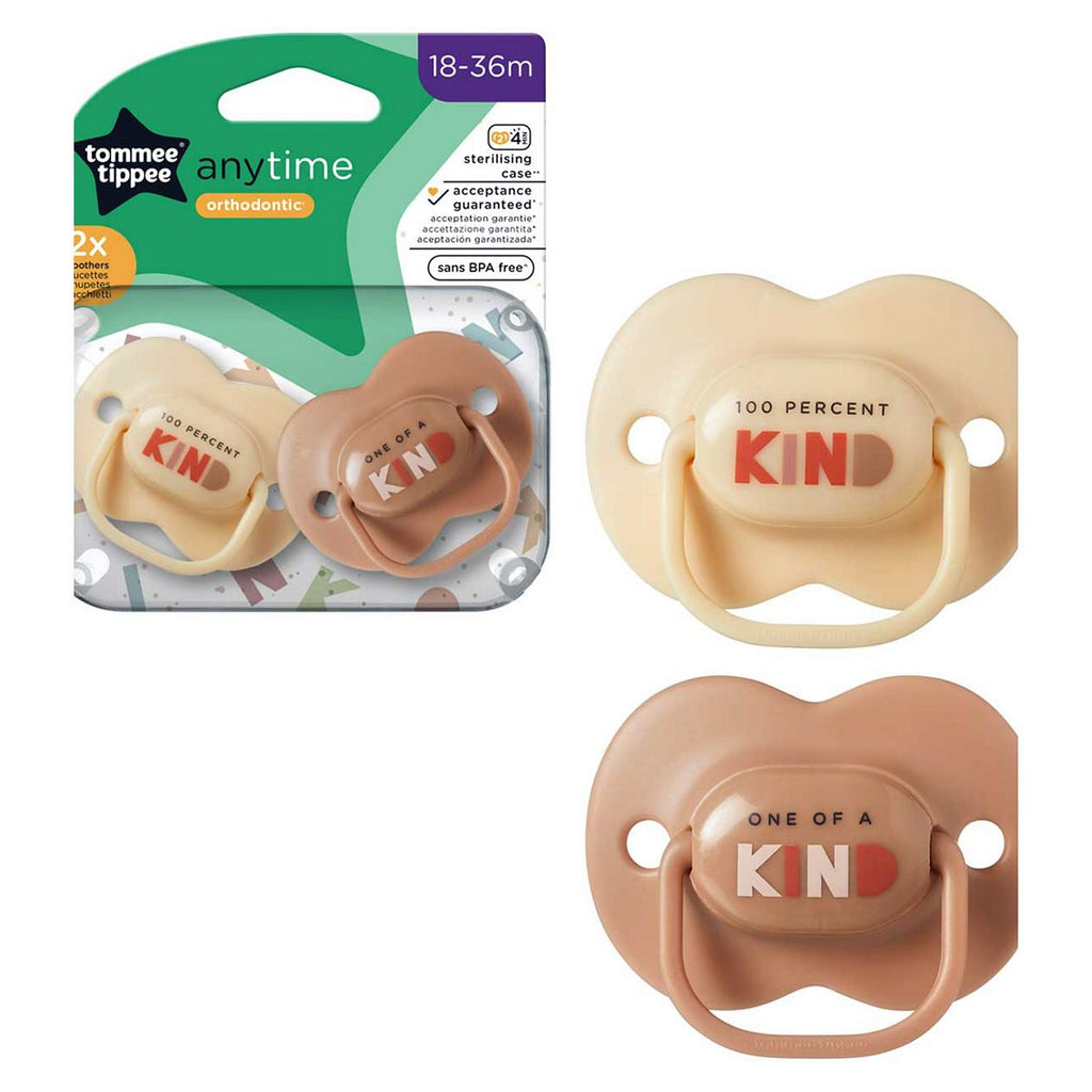 Tommee Tippee Anytime Soother, 18-36 months, 2 pack of symmetrical, BPA free soothers with a reusable steriliser pod