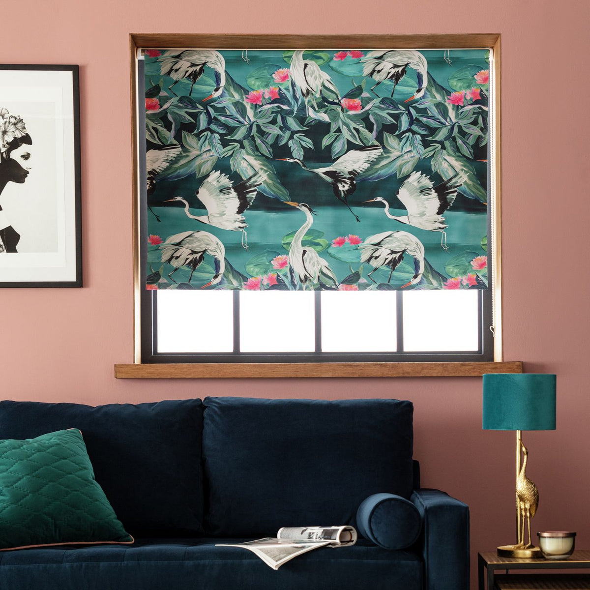 Argos Home Japonica Crane Teal Blackout Roller Blind 90x160cm