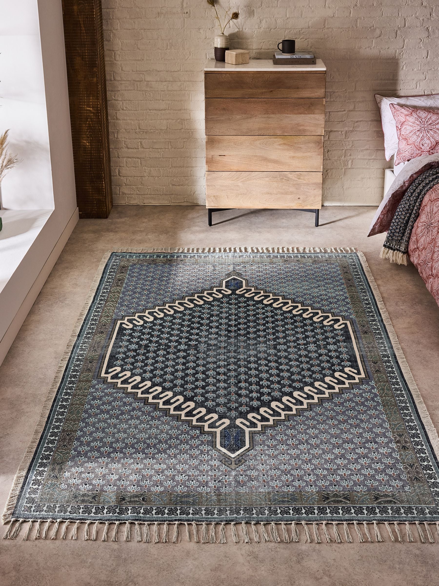French Connection Blue Poppyfield Printed Flatweave Rug