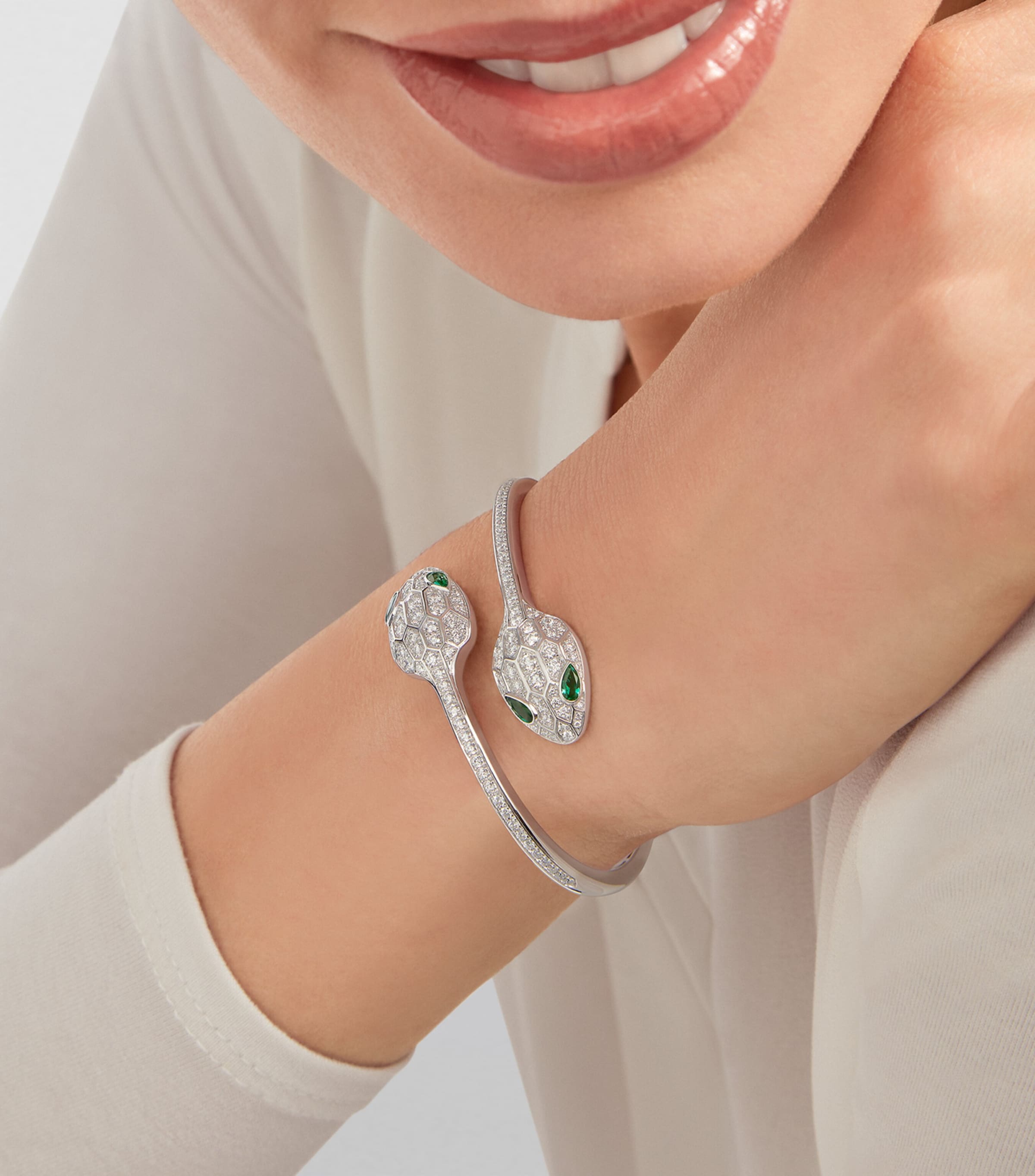 Bvlgari Serpenti bangle white gold diamond emerald, imported from the UK
