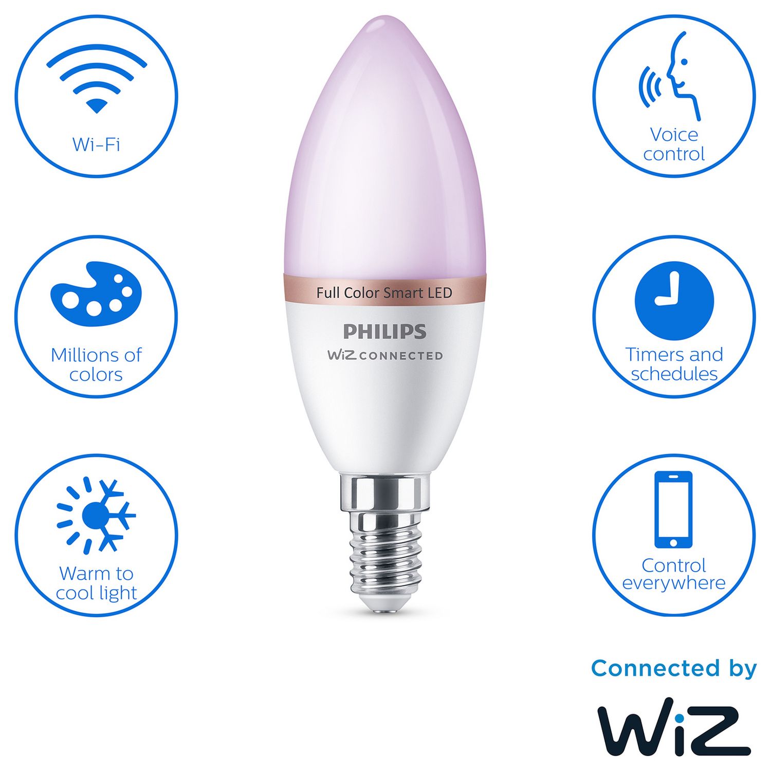 Philips WiZ E14 colour smart candle bulb, UK version