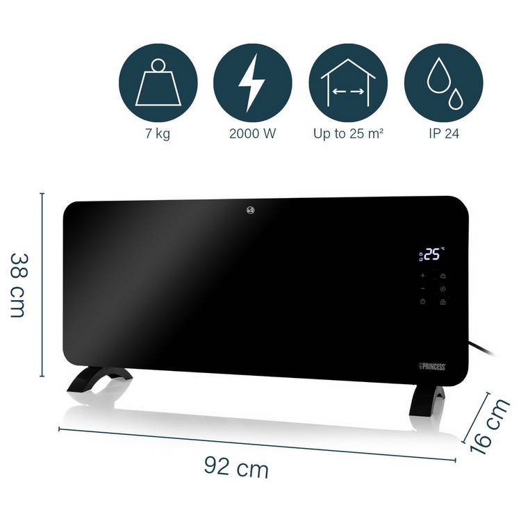 Princess glass panel heater 2kW black, UK version