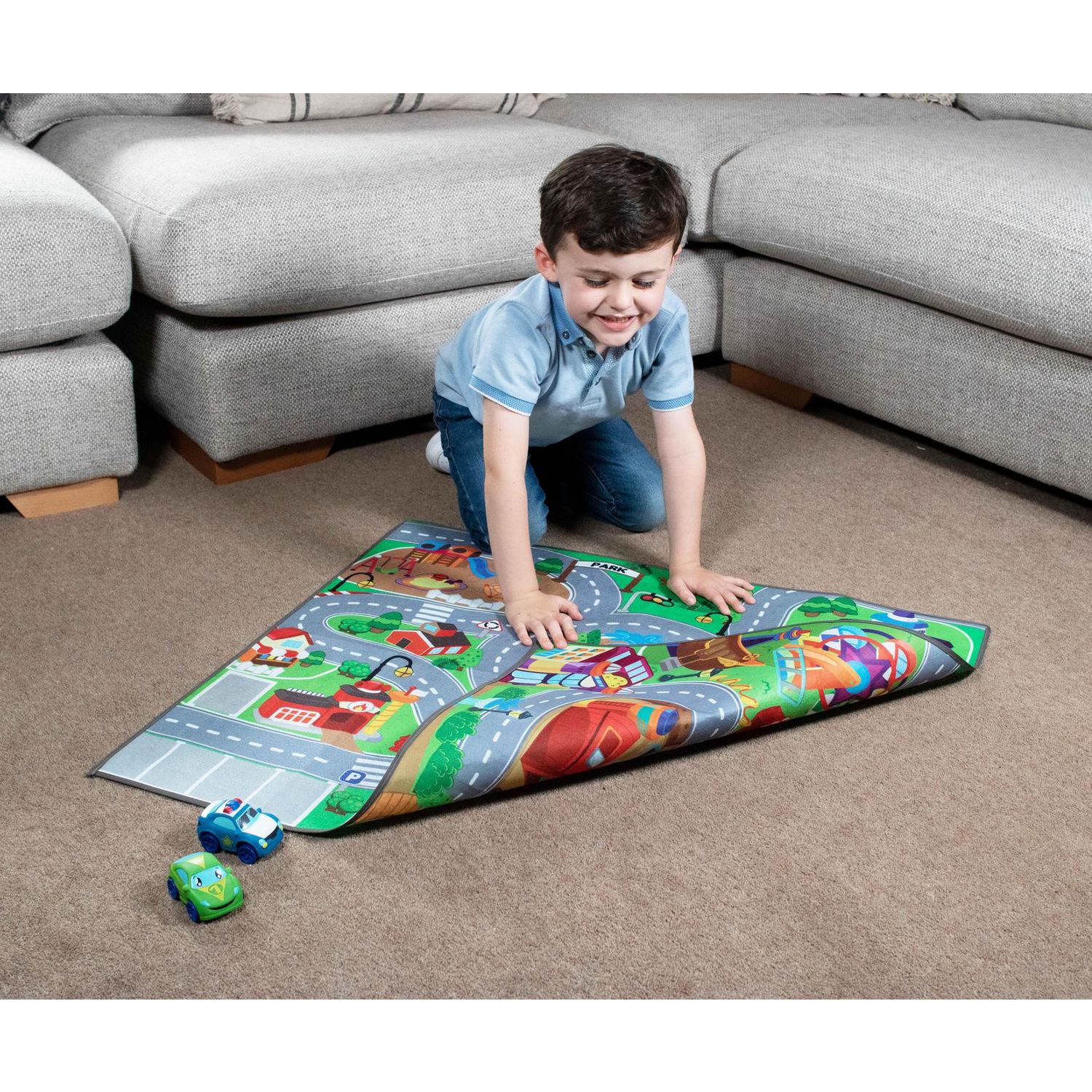 Chad Valley dual sided car mat with 2 cars - British product