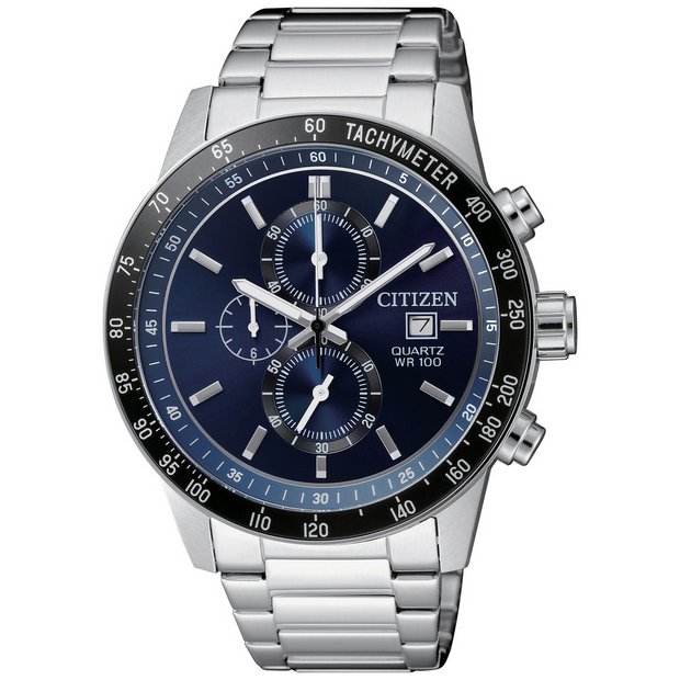Citizen silver chronograph watch blue dial 44mm (British brand)