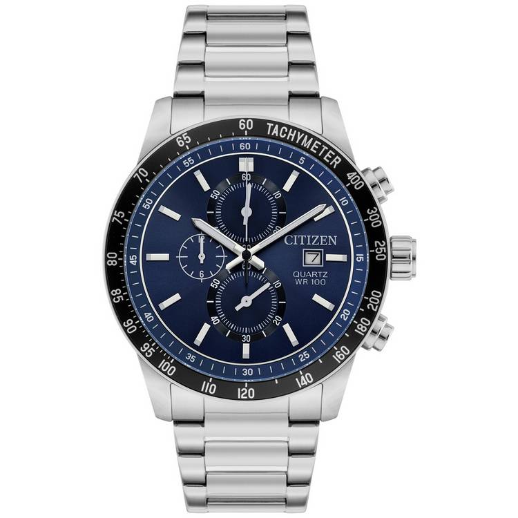 Citizen silver chronograph watch blue dial 44mm (British brand)