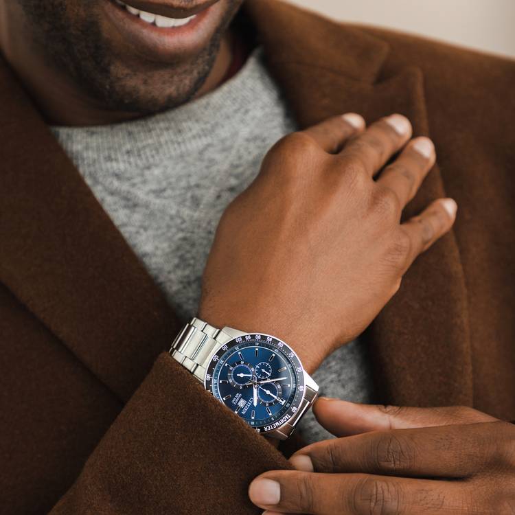 Citizen silver chronograph watch blue dial 44mm (British brand)