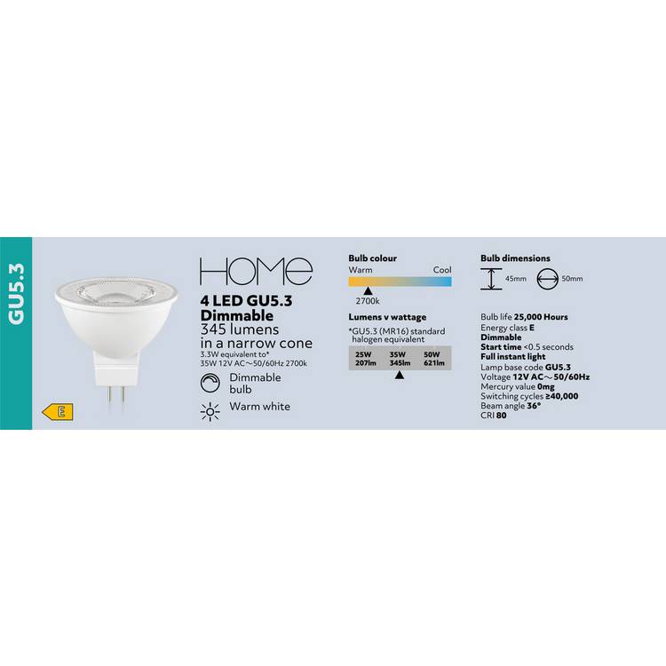 Argos Home 3.3W GU5.3 LED light bulb 4-pack, UK version