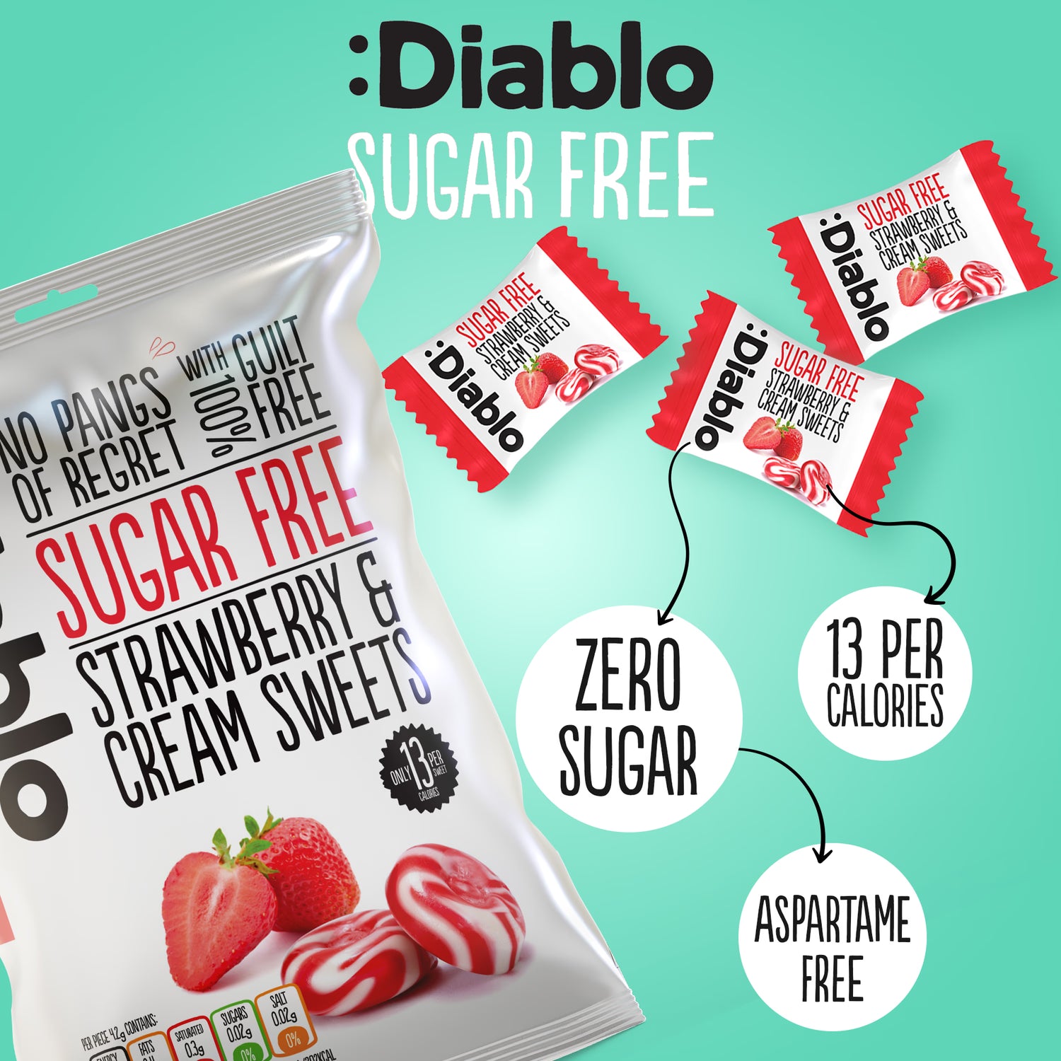 Diablo sugar free strawberry cream sweets 75g pack - British product