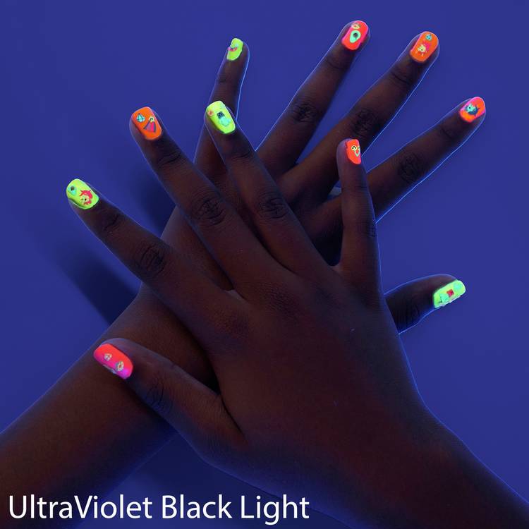 FabLab Glow in the Dark Nail Kit with neon polishes and stickers, UK version