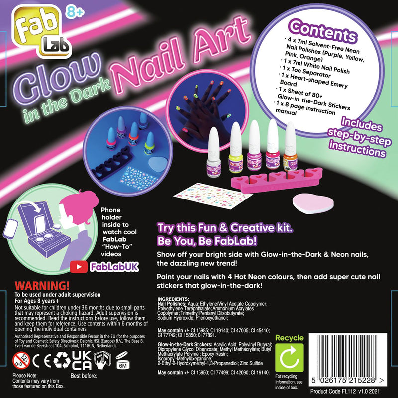 FabLab Glow in the Dark Nail Kit with neon polishes and stickers, UK version