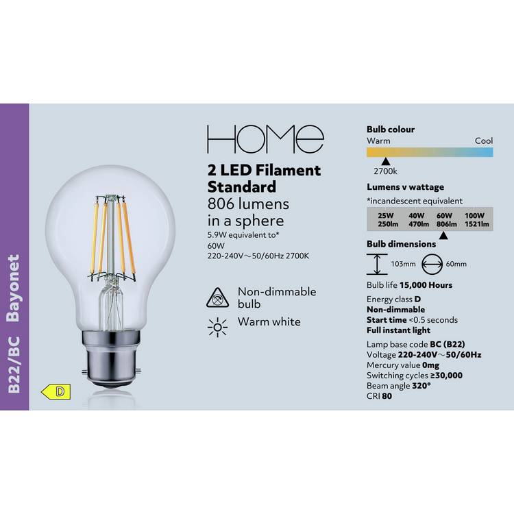 Argos Home 5.9W filament LED bulb 2 pack (British brand)