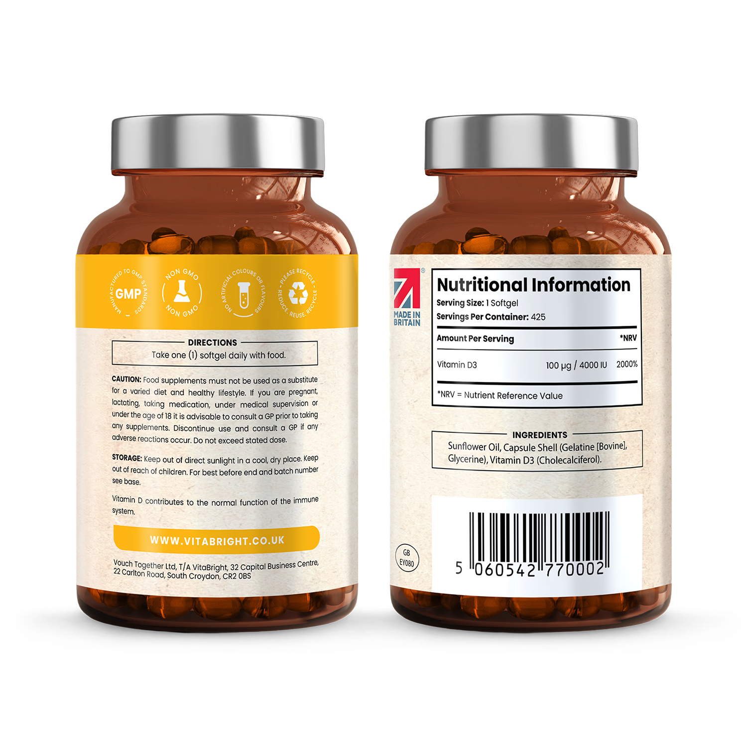 VitaBright vitamin D3 supplement 4000 IU 425 softgels, imported from the UK