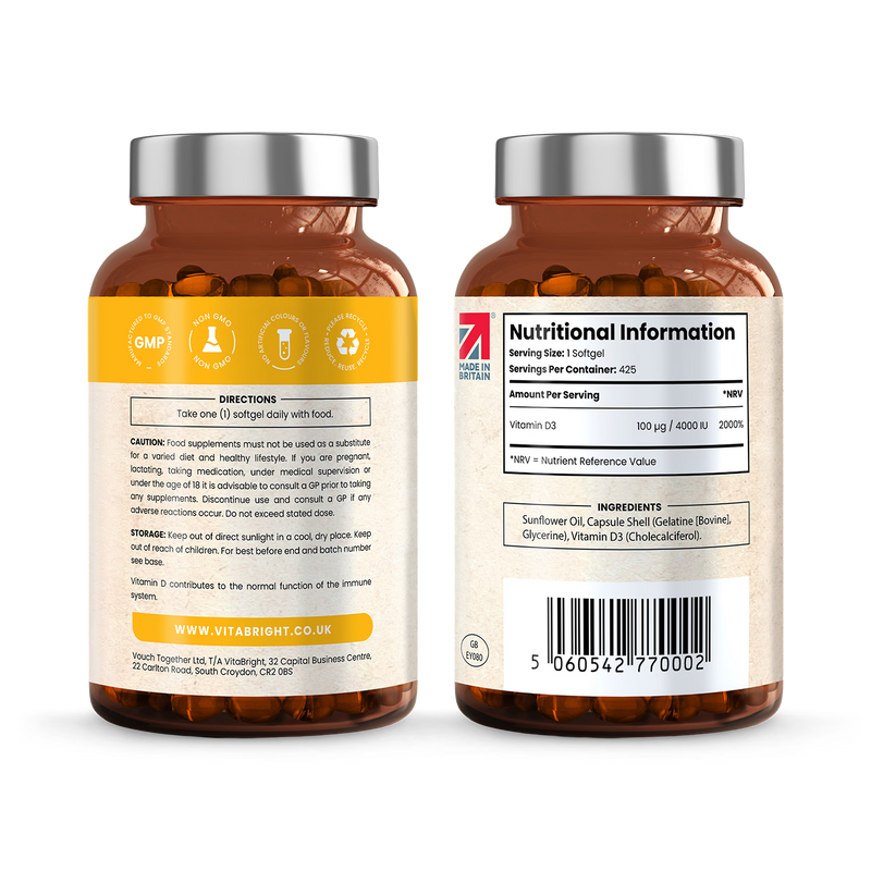 VitaBright vitamin D3 supplement 4000 IU 425 softgels, imported from the UK