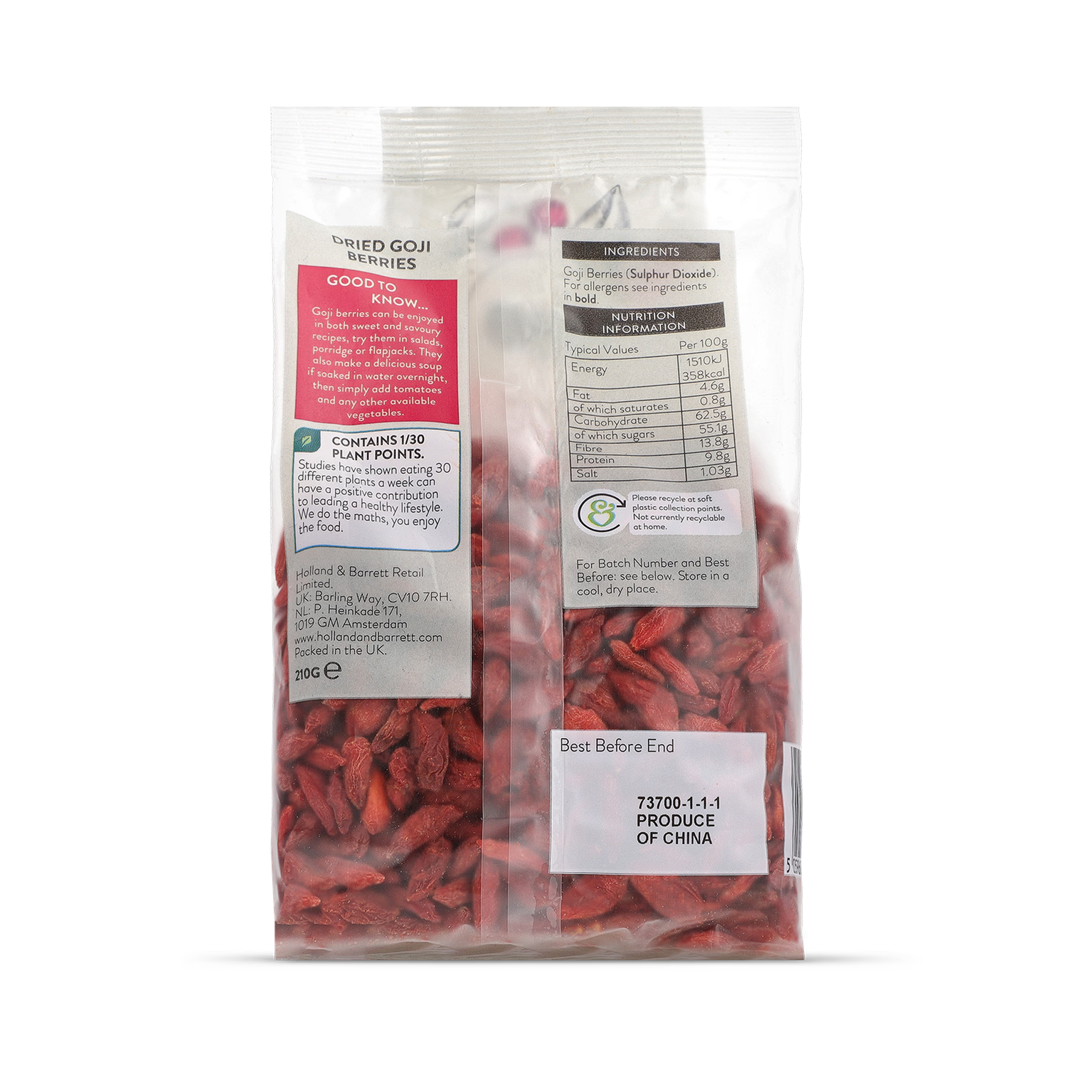 Holland & Barrett Goji Berries 210g dried snack, UK version