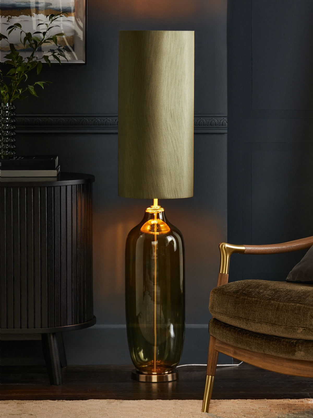 Connor floor lamp green glass base fabric shade, UK version