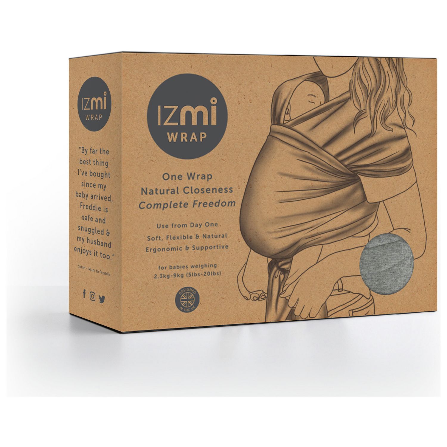 Izmi baby wrap Mid Grey one size, imported from the UK