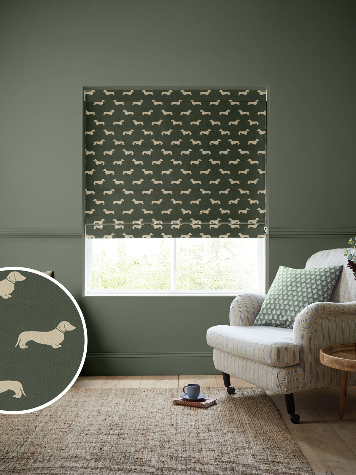 Emily Bond Peggy roman blind fern green 100% cotton - British product