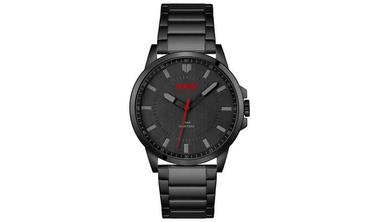 HUGO men's watch black dial black IP bracelet, imported from the UK