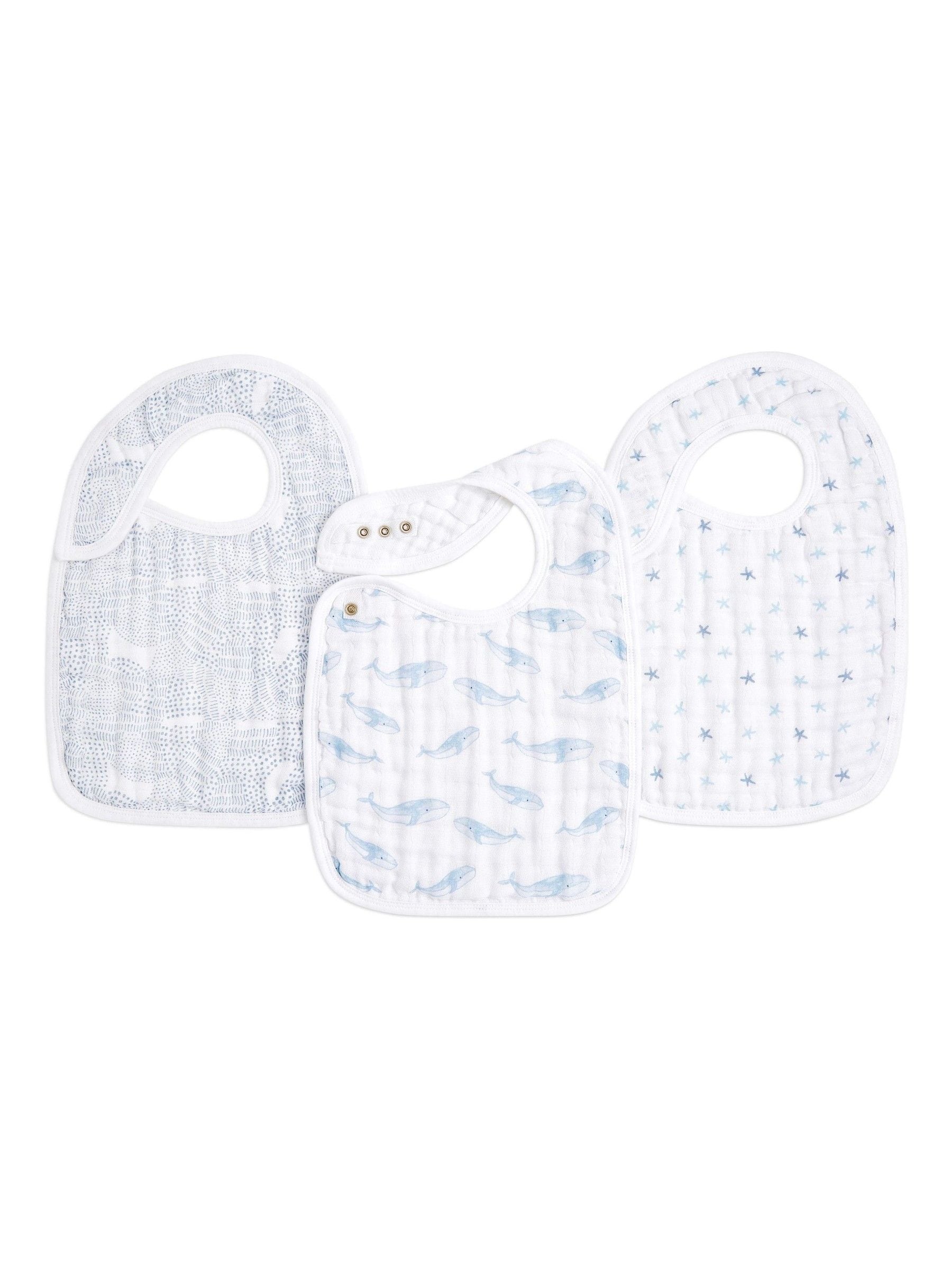 aden + anais blaue Baumwoll-Musselin Lätzchen mit Druckknopfverschluss im 3er-Pack 