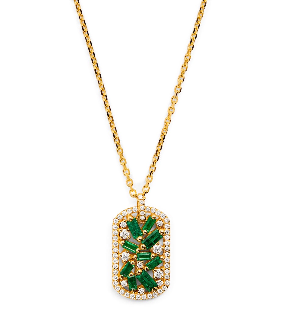 Suzanne Kalan yellow gold diamond and emerald dog tag necklace - British product