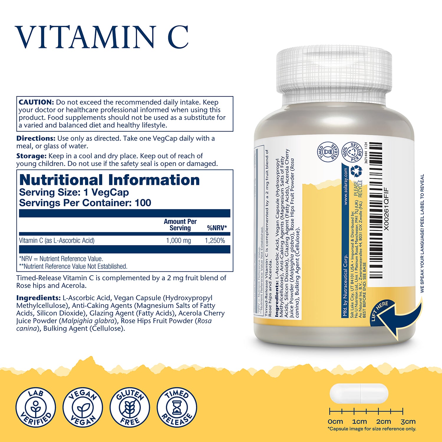 Solaray Vitamin C time release supplement 100 capsules, imported from the UK