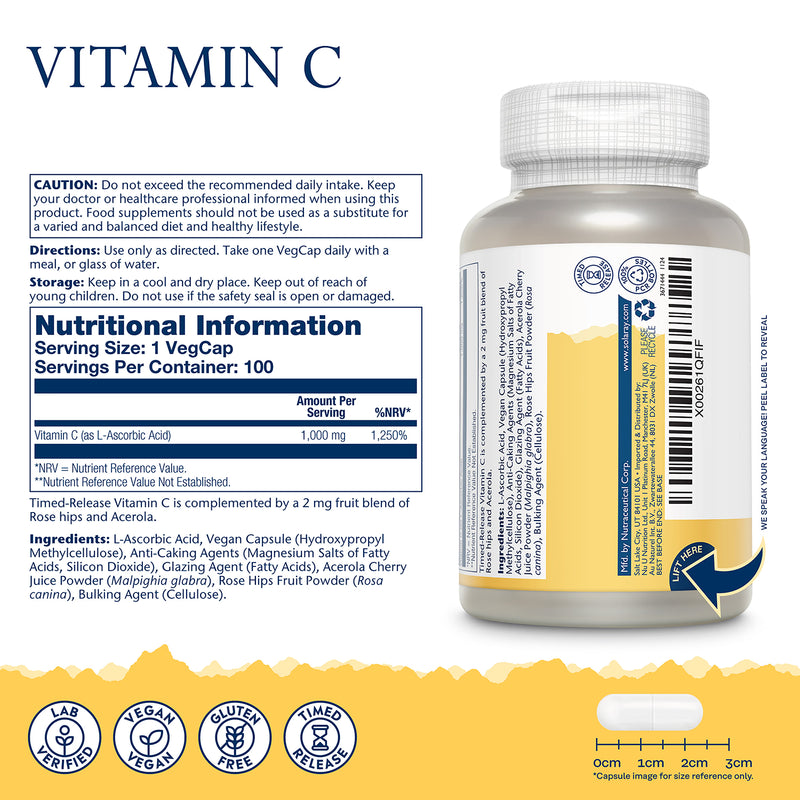 Solaray Vitamin C time release supplement 100 capsules, imported from the UK