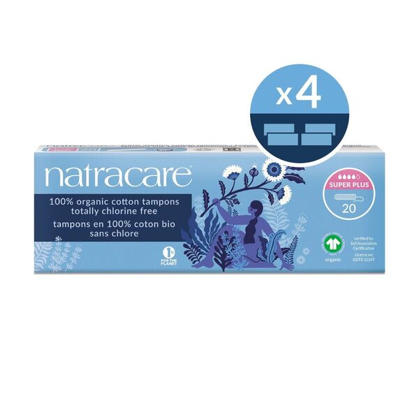 Natracare Super Plus organic cotton tampons 80 count, UK version