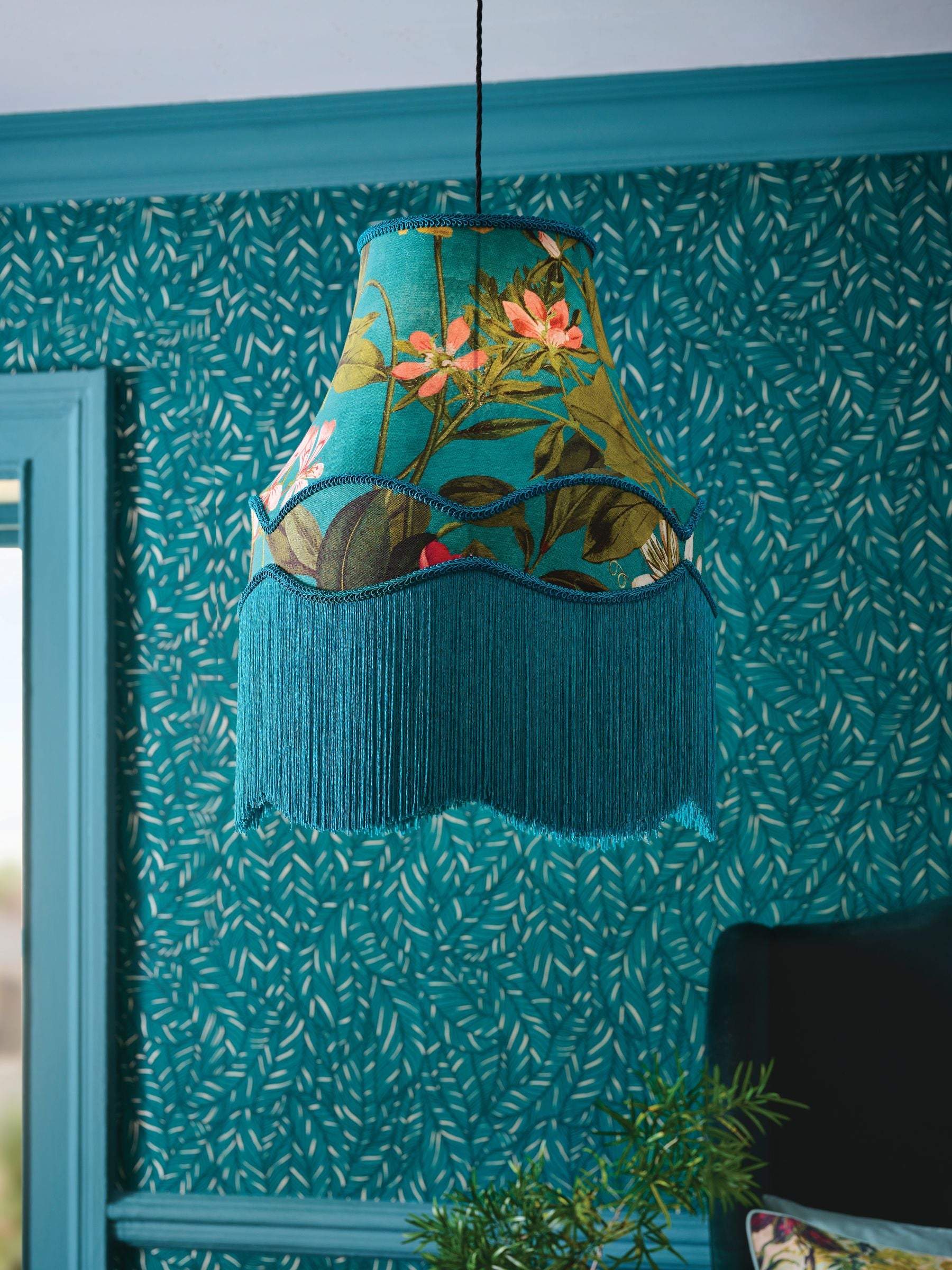 Clarke and Clarke Blue Passiflora Tassel easyfit lamp shade, UK version