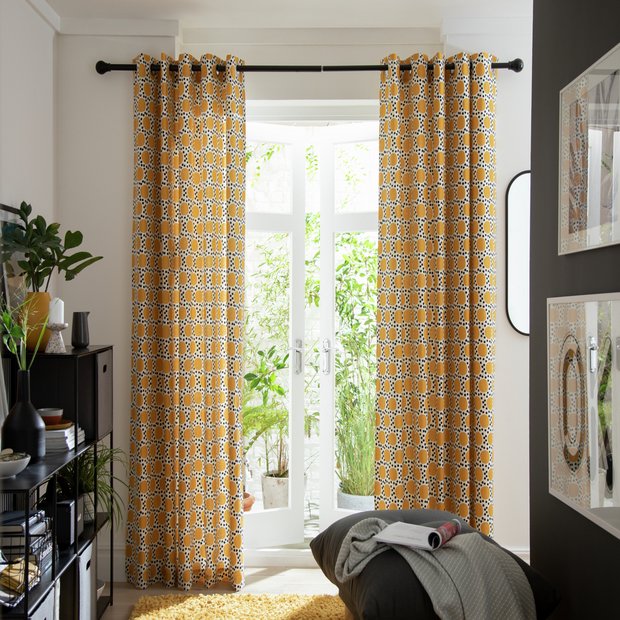 Habitat geometric eyelet curtains yellow 117x137cm, imported from the UK