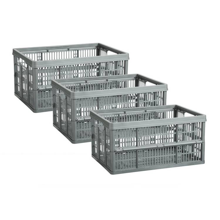 Argos Home grey folding plastic storage crates 3x32L (British brand)