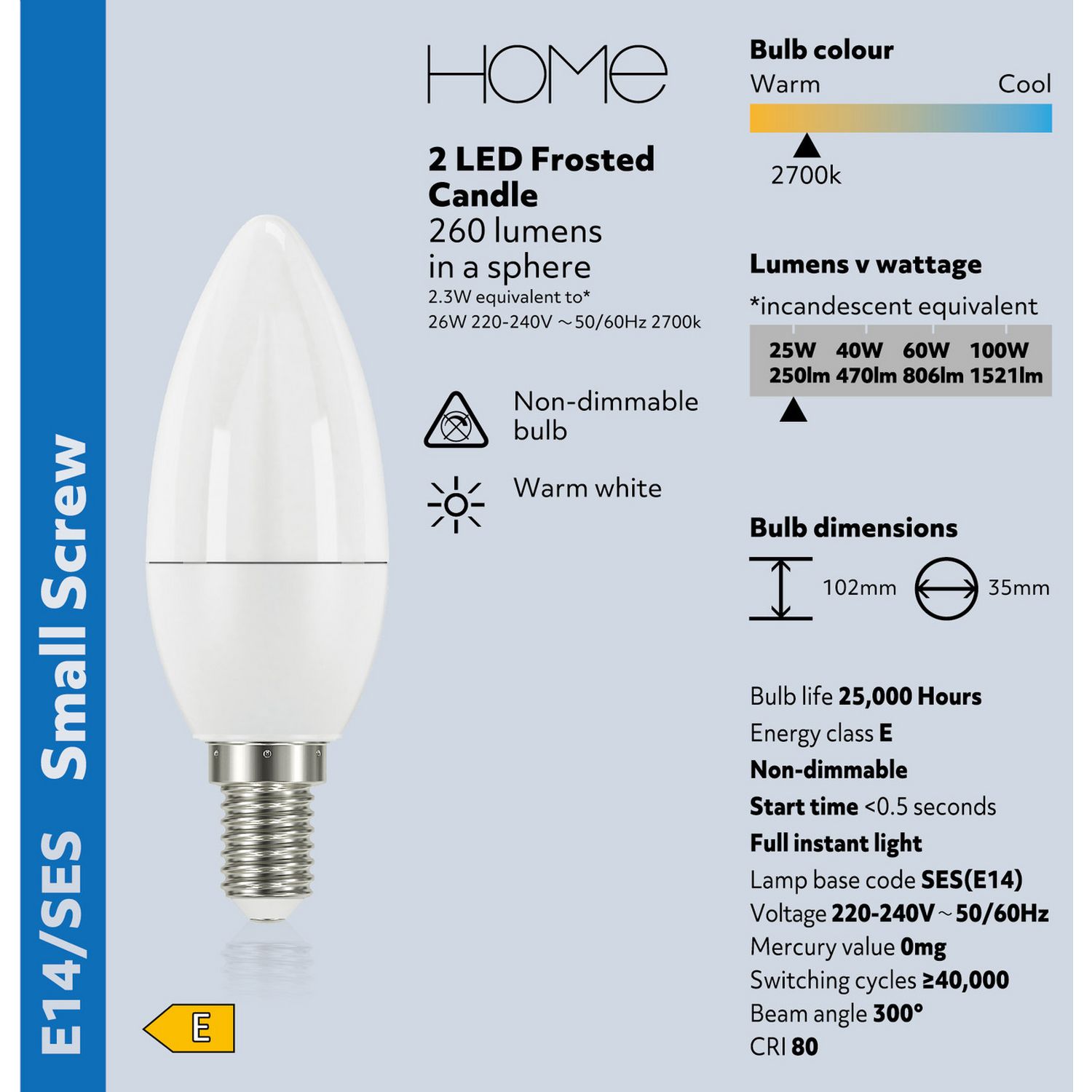 Argos Home LED SES candle light bulb 2.3W 2 pack, imported from the UK