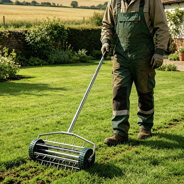 McGregor manual lawn aerator with steel tines - British product