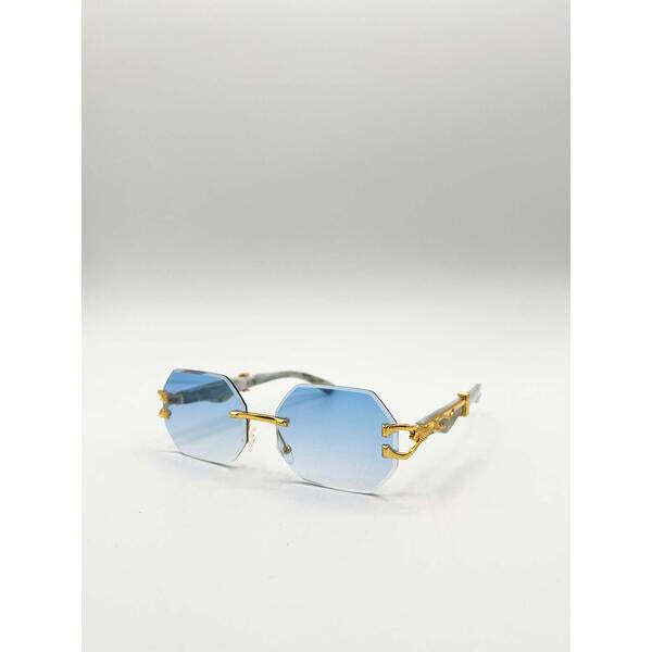SVNX rimless oval geometric sunglasses in gold blue - British product