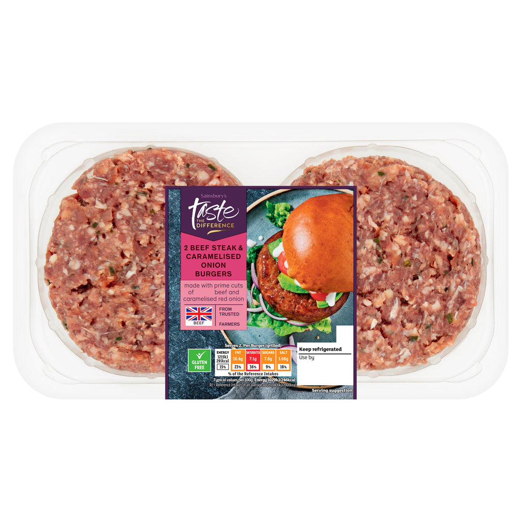 Sainsbury's British Beef Steak & Caramelised Onion Burgers, Taste the Difference x2 340g