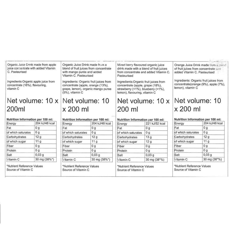 Kirkland Signature organic juice boxes 4 flavours 40 x 200ml, UK version