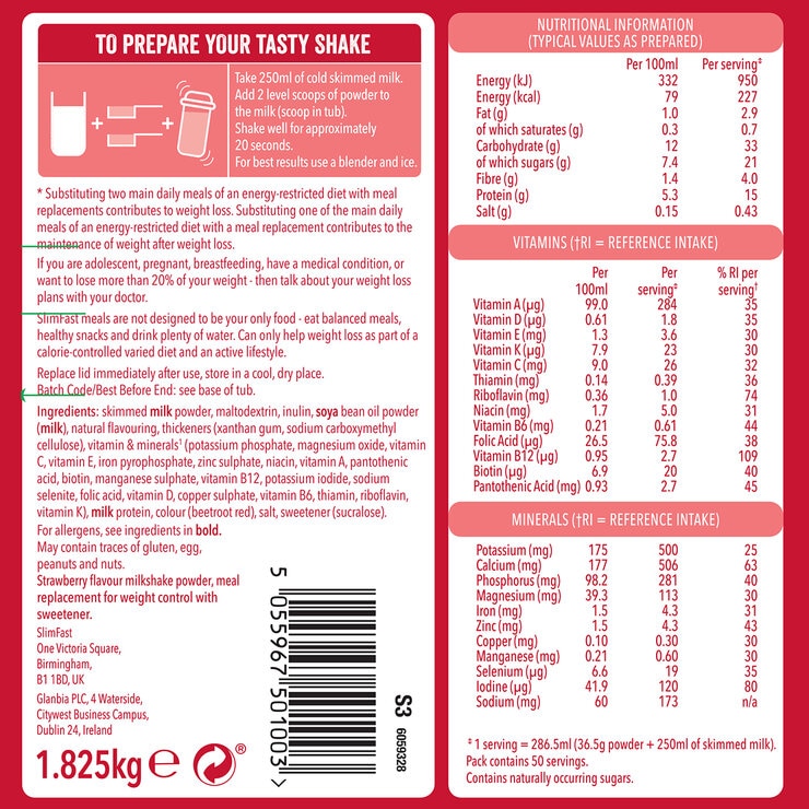 SlimFast Shake Pulver Schoko Erdbeer 1,825kg - Britisches Produkt