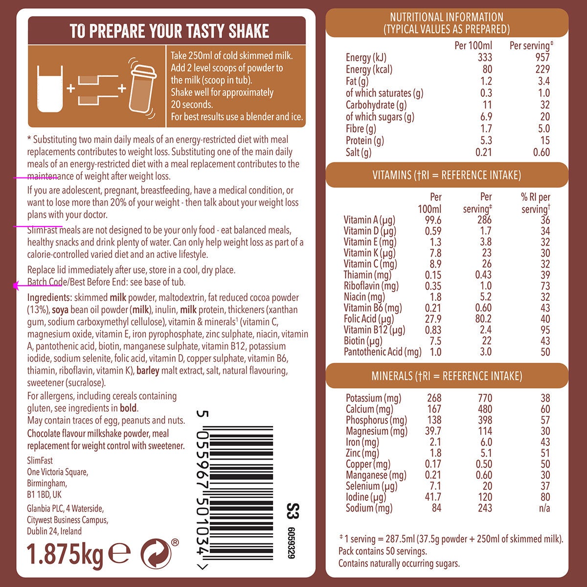SlimFast Chocolate Flavoured Shake Powder 1825kg 50 Servings