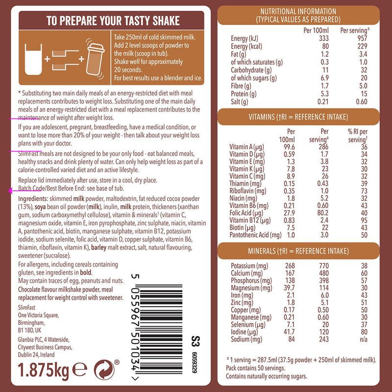SlimFast Chocolate Flavoured Shake Powder 1825kg 50 Servings