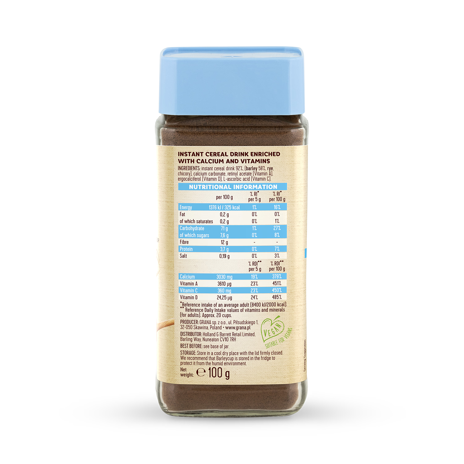 Barleycup Calcium & Vitamins cereal drink 100g, imported from the UK