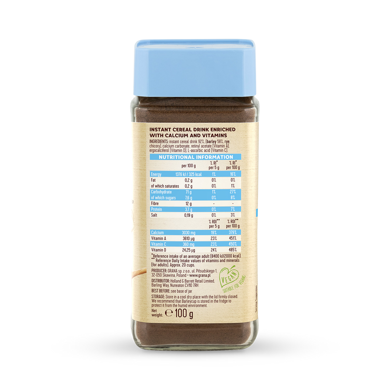 Barleycup Calcium & Vitamins cereal drink 100g, imported from the UK