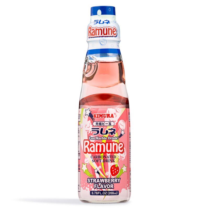 Kimura Ramune strawberry flavoured soda, UK version