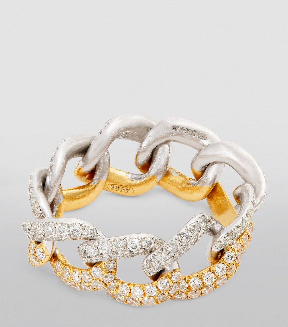 SHAY white yellow gold diamond pavé link ring (British brand)