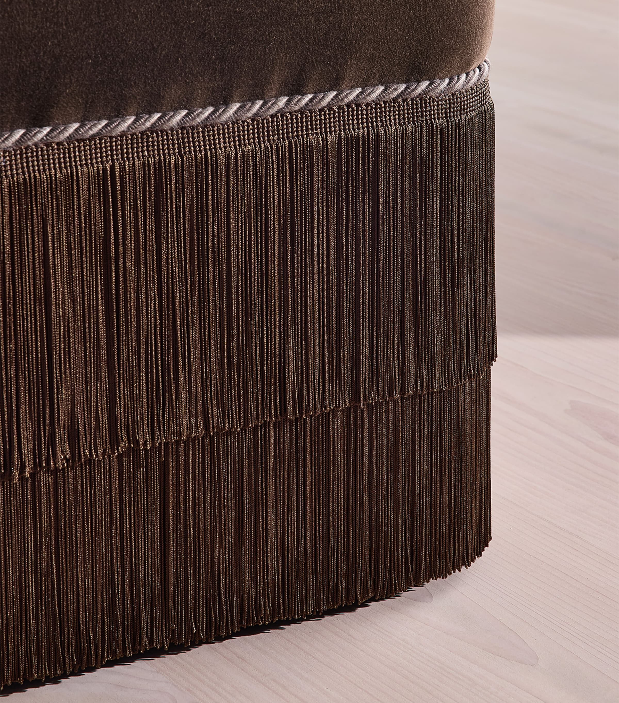 Soho Home velvet Marta footstool with tassel skirt, imported from the UK