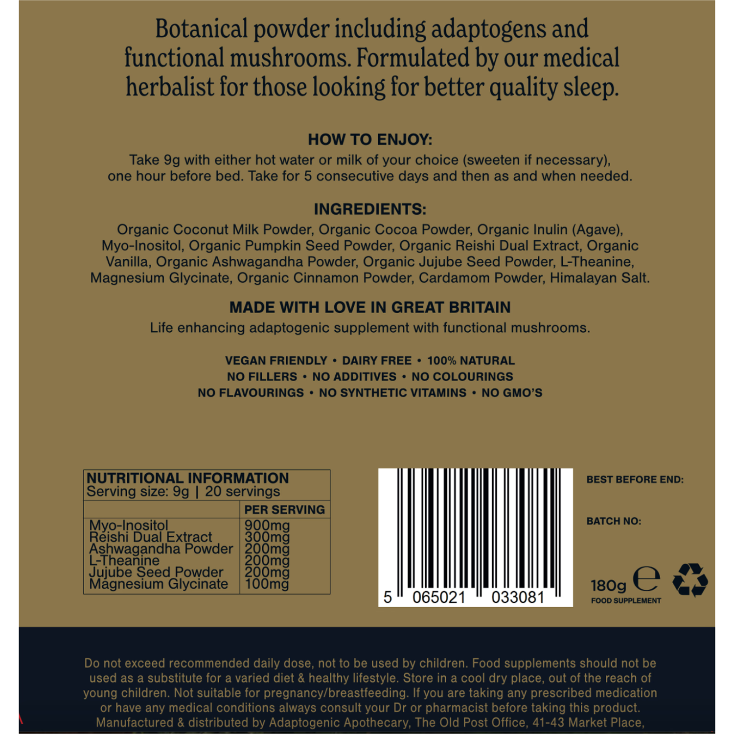 Adaptogenic Apothecary Peace bedtime drink powder 180g, UK version