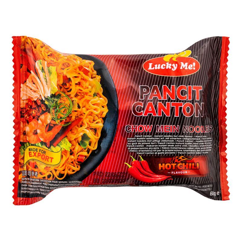 Lucky Me pancit canton noodles hot chili flavour, imported from the UK