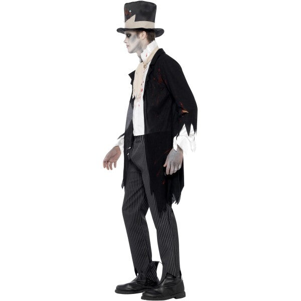 Smiffys zombie groom costume, black jacket, waistcoat, trousers, top hat (British brand)