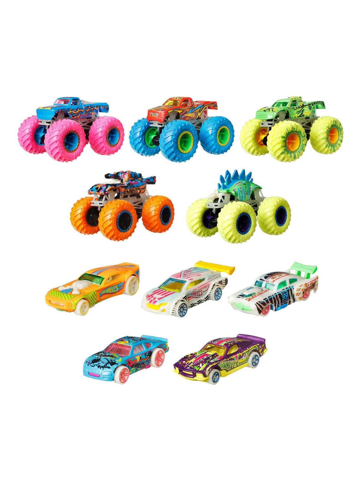 Hot Wheels Monster Truck Glow Bundle 10-pack, imported from the UK