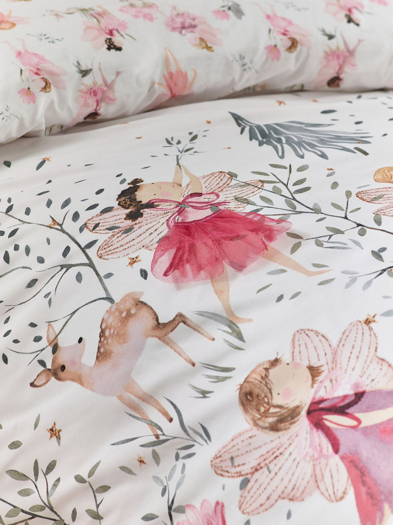 White Fairy Forest printed polycotton duvet cover and pillowcase set (British brand)