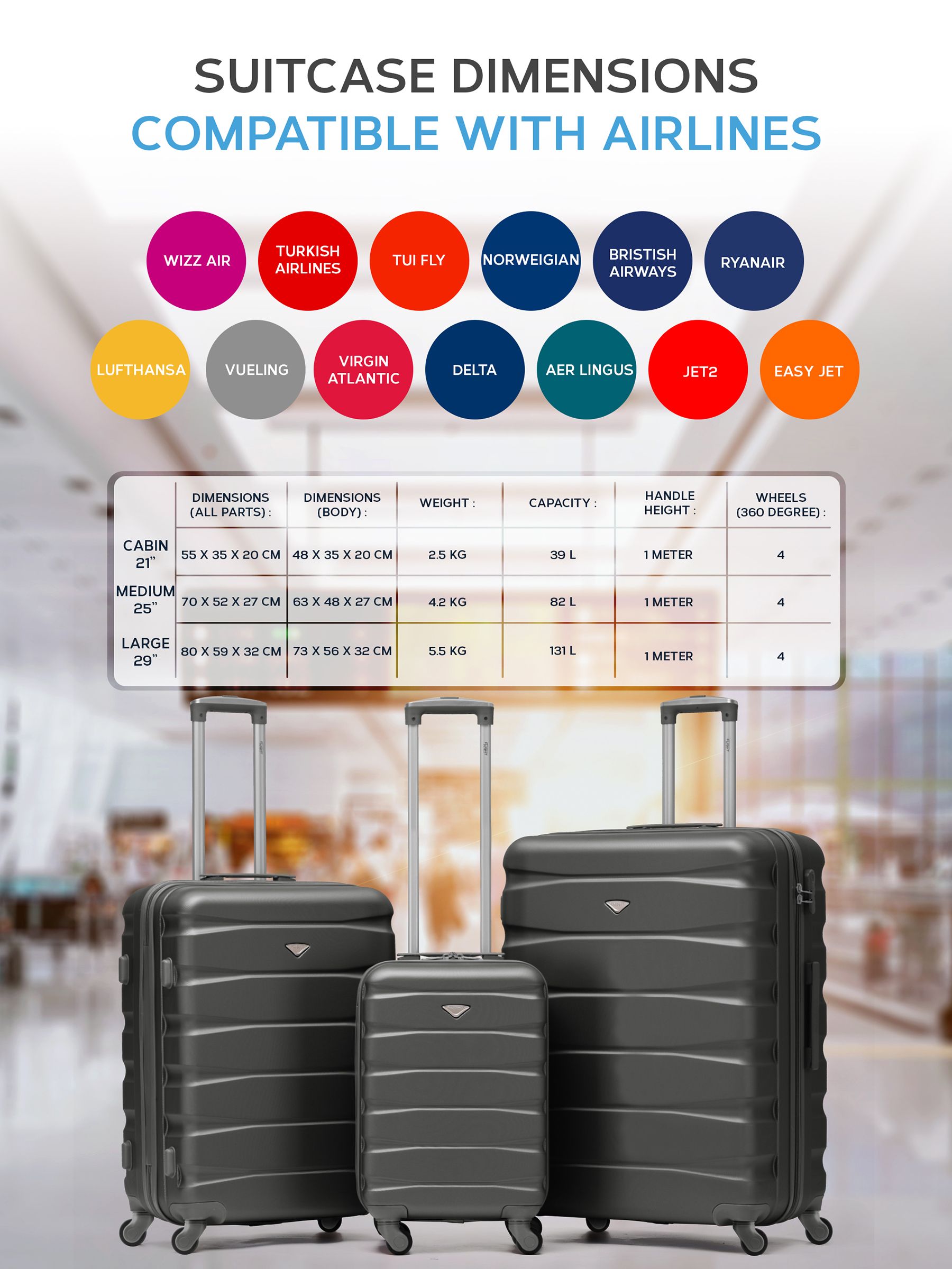 Flight Knight charcoal suitcase set of 2, imported from the UK