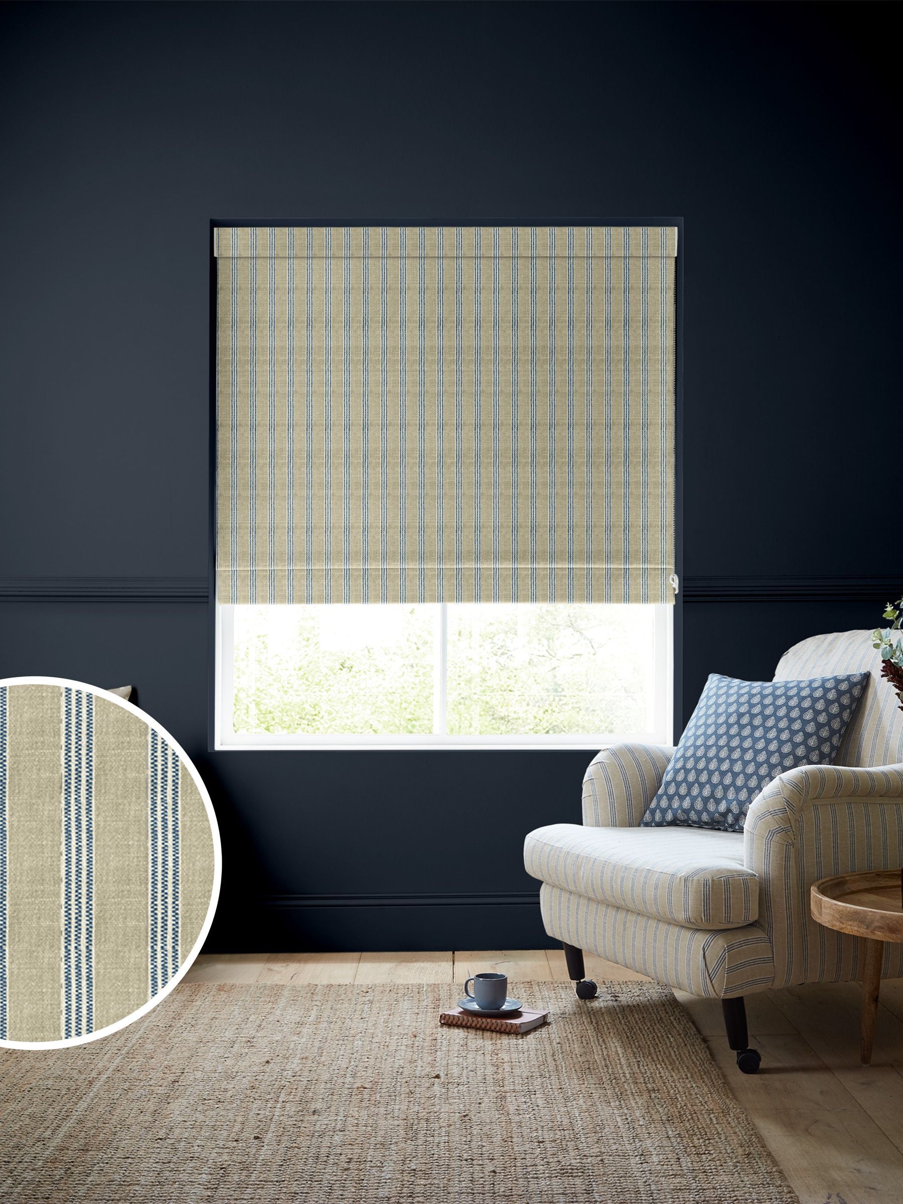 Emily Bond Indigo Blue George Stripe Roman blind, UK version